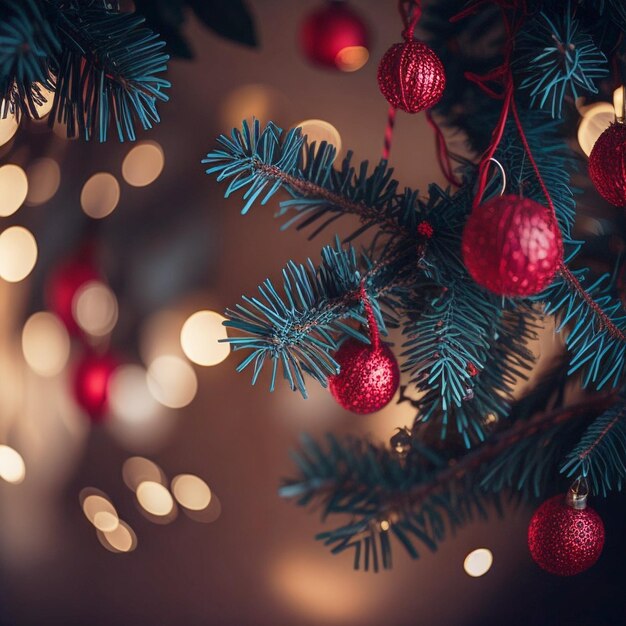 Las ramas del árbol de Navidad decoradas con bayas, estrellas y cañas de caramelo