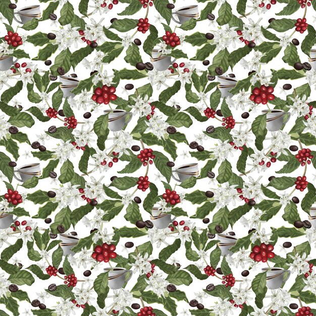 Ramas de árboles de café con hojas verdes Ilustración digital en estilo acuarela Flores de árboles de Café y bayas de Café rojo brillante aisladas sobre un fondo blanco Patrón sin costuras Grano de Café Asado