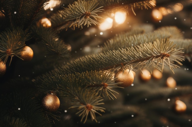 Ramas de árboles de Navidad con adornos dorados en fondo bokeh