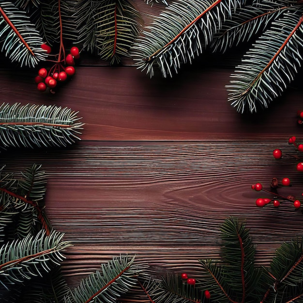 Ramas de árboles de Navidad con bayas rojas y hojas verdes sobre un fondo de madera.