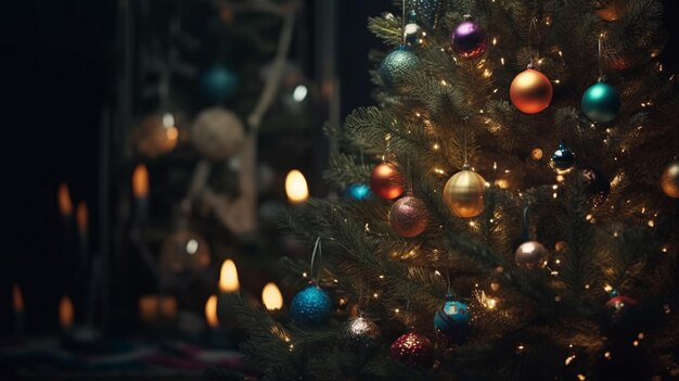 Ramas de árboles de navidad con bolas festivas Generative Ai