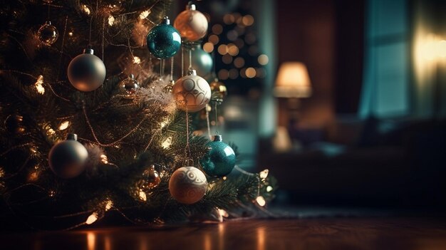 Ramas de árboles de navidad con bolas festivas Generative Ai