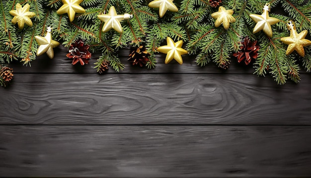 Ramas de árboles de Navidad con estrellas doradas de fircones sobre fondo de madera oscura