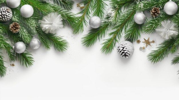 Ramas de árboles de Navidad con fondo blanco vista superior Creada con tecnología de IA generativa