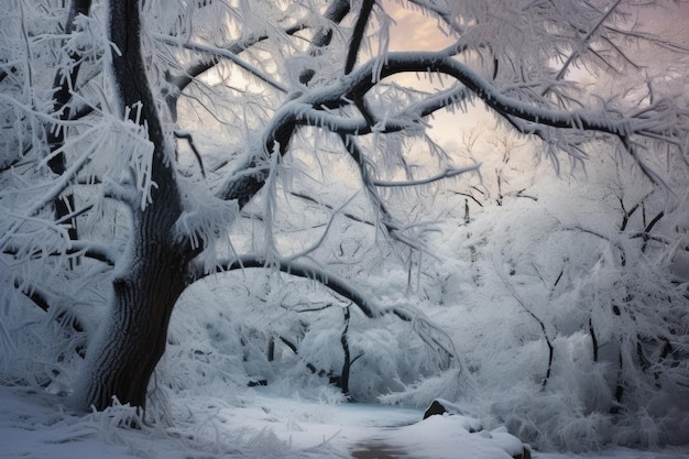 Ramas cubiertas de hielo después de una tormenta de invierno creadas con inteligencia artificial generativa