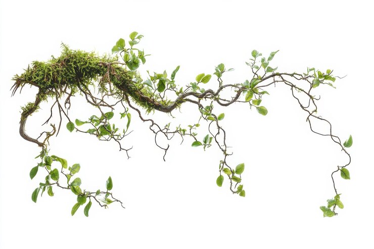 Las ramas cubiertas de musgo se retorcen con hojas verdes vibrantes sobre un fondo blanco