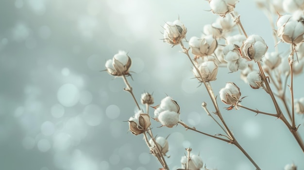 Ramas de flores de algodón en un fondo claro con copyspace