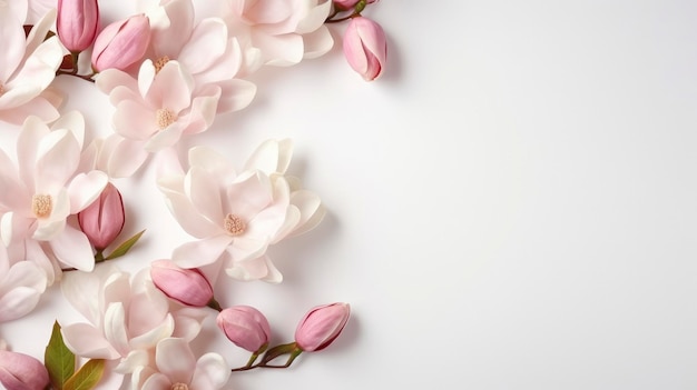 Foto ramas de flores de magnolia en un fondo para copiar el espacio vista superior arreglo floral