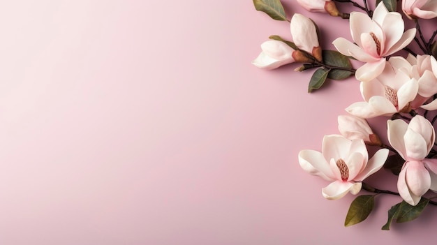 Foto ramas de flores de magnolia en un fondo para copiar el espacio vista superior arreglo floral