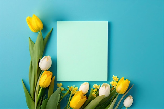 Ramas de flores de tulipán y hojas verdes. Diseño de marcha floral. Plantilla de tarjeta de felicitación. Ilustración festiva del día de la mujer.