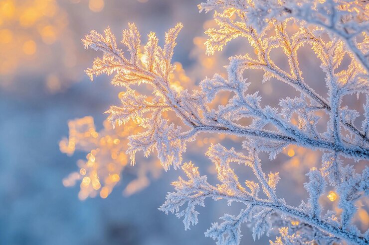Ramas heladas iluminadas por luz cálida durante el invierno IA generativa