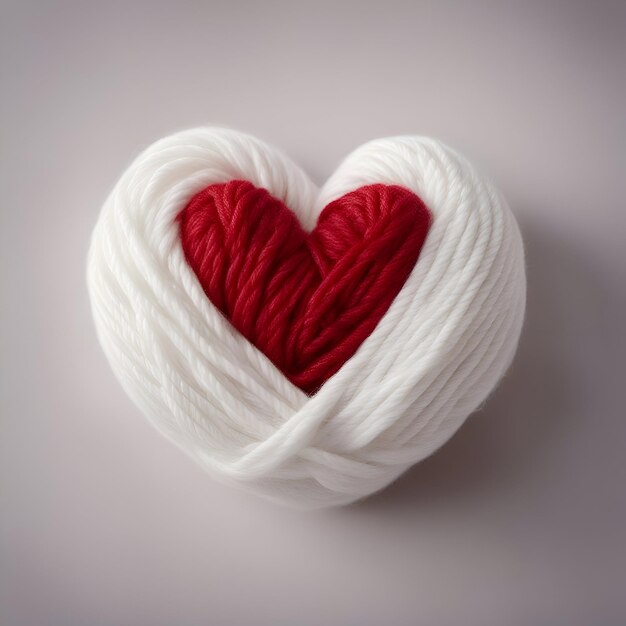 Ramas de hilo blancas y rojas en forma de corazón sobre fondo blanco