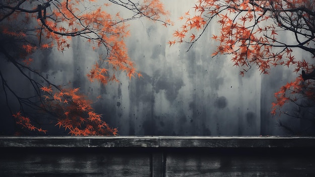 Foto las ramas y hojas del arce rojo japonés forman un marco de texto de otoño en un fondo azul frío y borroso