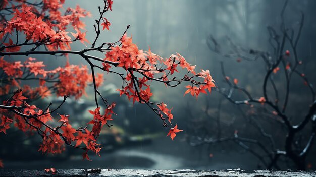 Foto las ramas y hojas del arce rojo japonés forman un marco de texto de otoño en un fondo azul frío y borroso