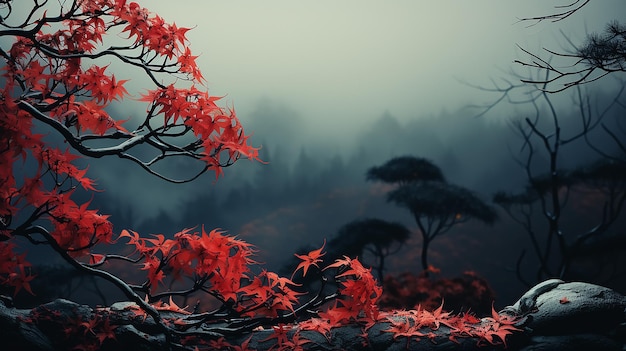 Foto las ramas y hojas del arce rojo japonés forman un marco de texto de otoño en un fondo azul frío y borroso