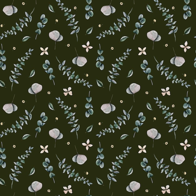 Ramas y hojas de eucalipto en un patrón transparente de acuarela verde oliva oscuro. ilustración floral