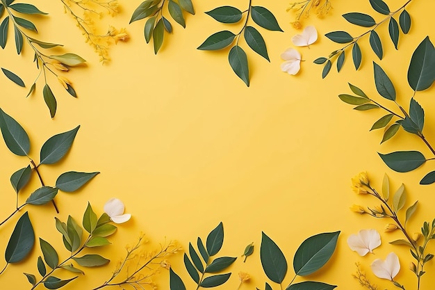 Foto con ramas, hojas y pétalos aislados en un fondo amarillo plano, vista aérea