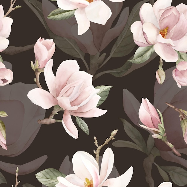 Ramas de magnolia de color rosa claro con flores patrón sin costuras floral de acuarela en fondo oscuro