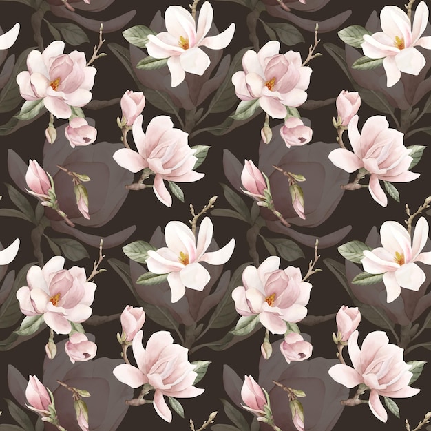 Ramas de magnolia de color rosa claro con flores patrón sin costuras floral de acuarela en fondo oscuro