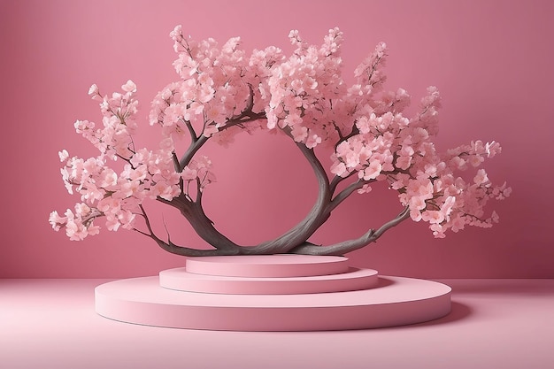 Ramas de magnolia, flor de árbol de primavera y representación de escena rosada en 3D con podio