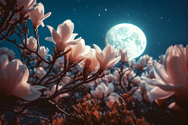 Ramas de magnolia rosa florecientes en la noche de luna llena de cerca
