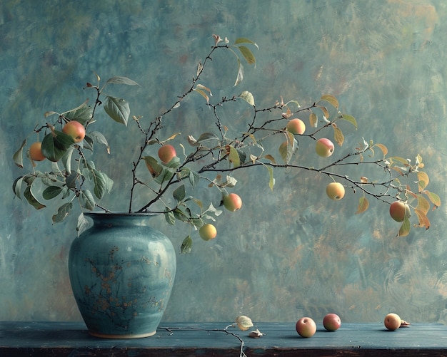 Ramas de manzanas con hojas y manzanas pequeñas en un jarrón azul de pie en la mesa