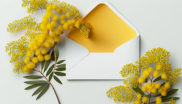 Ramas de mimosa con sobre sobre fondo blanco Para tarjetas de felicitación de Pascua y primavera con espacio de copia Ai generado