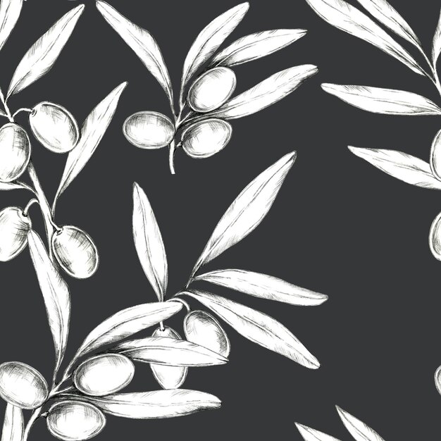 Ramas de olivo y olivas Ilustración dibujada a mano con lápiz sobre un fondo gris oscuro Clipart de patrón sin costuras