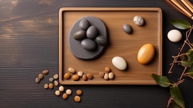 Las ramas de piedras y una almohadilla de madera se utilizan como decoración. Fondo para productos como joyas, alimentos o cosméticos. Mockup GENERATE AI