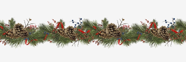 Ramas de pino y conos cinta roja festiva en la guirnalda de Navidad acuarela ilustración digital