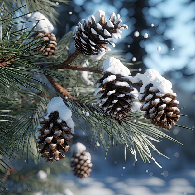 Ramas de pino cubiertas de nieve en un frío día de invierno en el fondo de Navidad