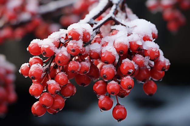 Ramas de pino cubiertas de nieve con frutos rojos