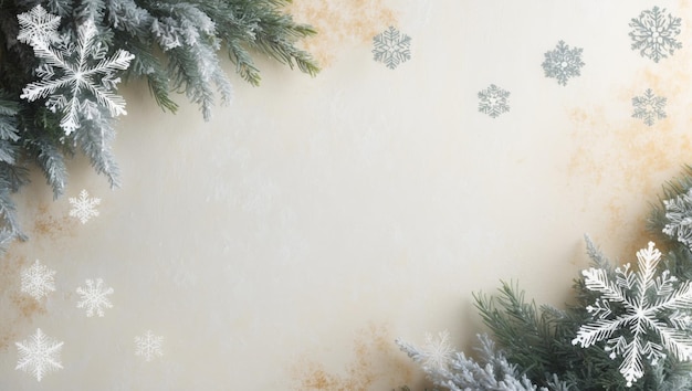 Ramas de pino nevadas festivas con luces y copos de nieve sobre un fondo de crema