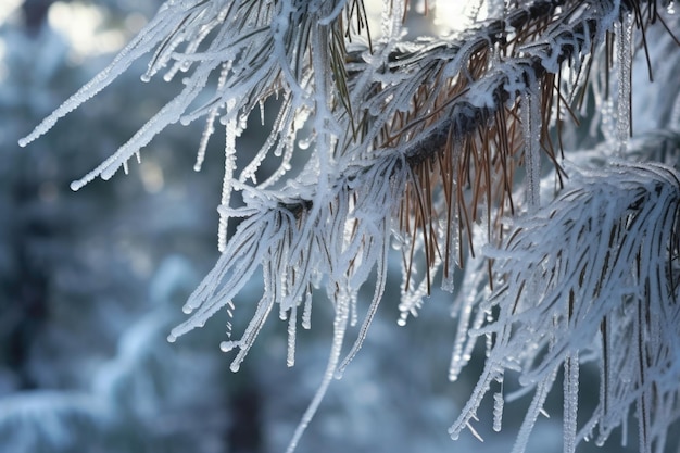 Foto ramas de pinos cubiertas de nieve con hielos creados con ai generativa