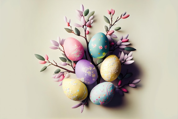 Ramas de primavera decoradas con huevos de pascua Ilustración 3D AI generativa