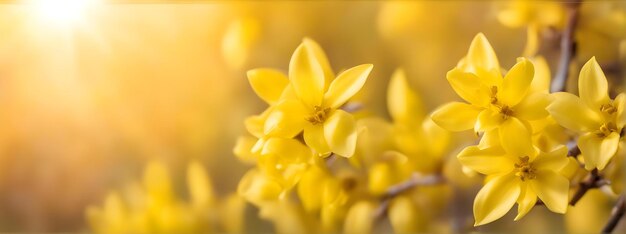 Foto ramas que florecen en primavera en el fondo y flores amarillas