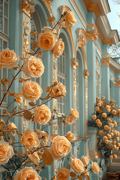 ramas de rosas doradas en el fondo del castillo azul claro de la cosecha
