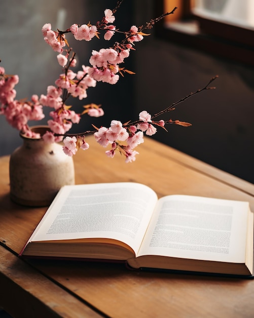 Ramas de sakura con flores en un jarrón y un libro