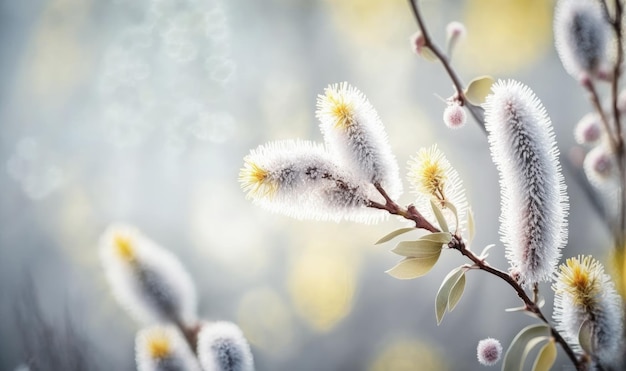 Ramas de sauce gris pastel con flores y fondo bokeh