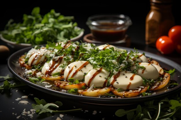 Rambucano carpaccio con mozzarella de rúcula y salsa balsámica comida saludable ensalada Daikon suave