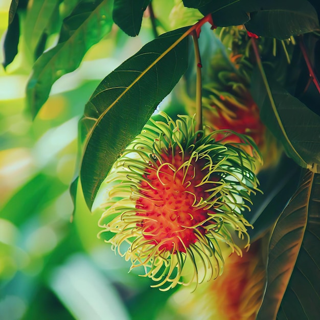 Rambután en el árbol con hojas exuberantes