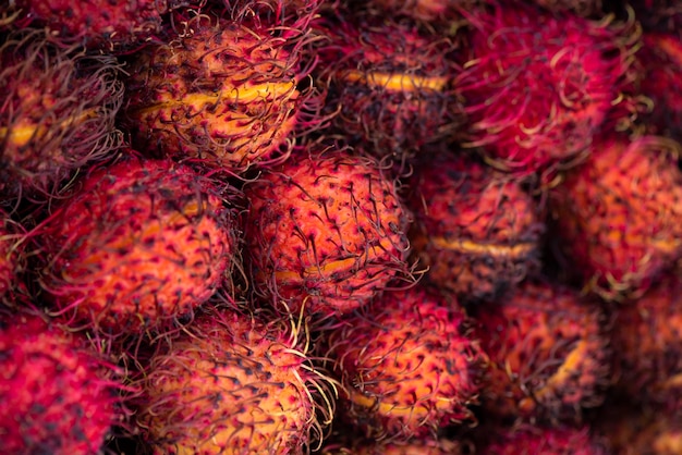 Rambutan com folha, casca vermelha de rambutan, frutas tropicais rambutan