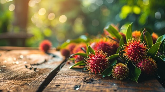 Rambutan fresco sobre un fondo de madera de la naturaleza