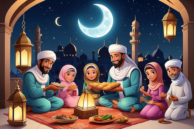 Ramdan 2023 Cartoon-Kunstillustration mit einer muslimischen Familie, die den Ramadan und den Eid-Ferien feiert