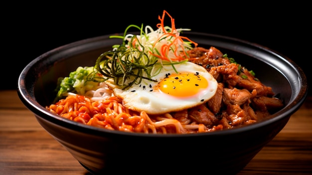 ramen com ovo e legumes em um prato foco seletivo