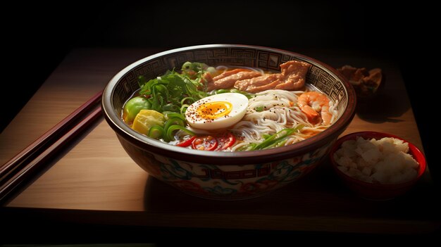 Ramen de sopa de macarrão asiático com legumes de tofu de frango e ovo em uma tigela de fundo escuro