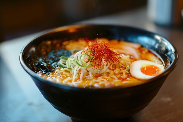 Foto ramen delicioso servido en un cuenco negro en un entorno oscuro