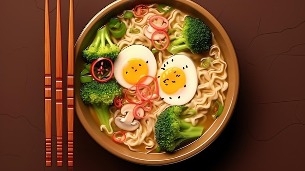 Ramen em uma tigela vista superior sopa de ramen com ovo brócolis