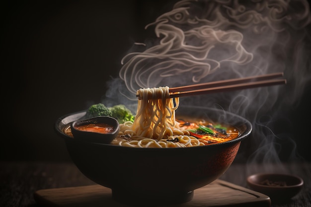 Ramen humeante caliente en un tazón IA generativa