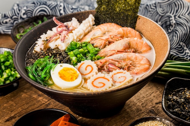 Ramen japonés de marisco con salsa de sepia